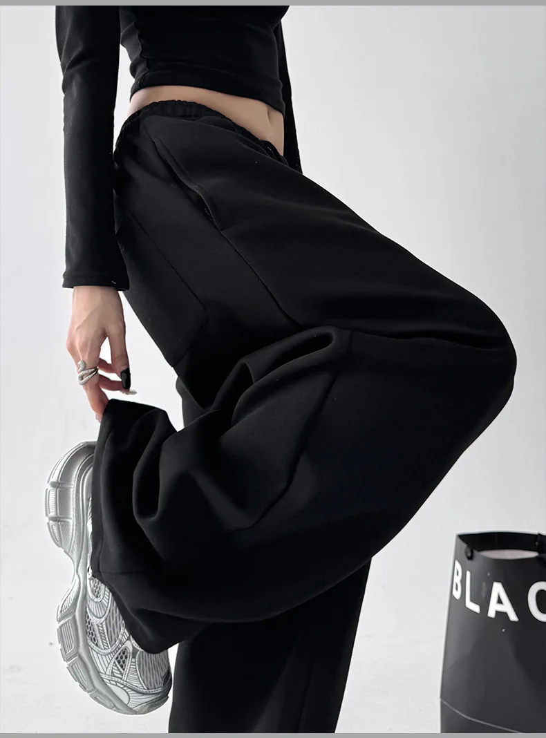 2026 New Women's Vintage Korean Baggy Sweatpants Autumn Loose Wide Leg Streetwear Casual Zipper Fly Female Trousers