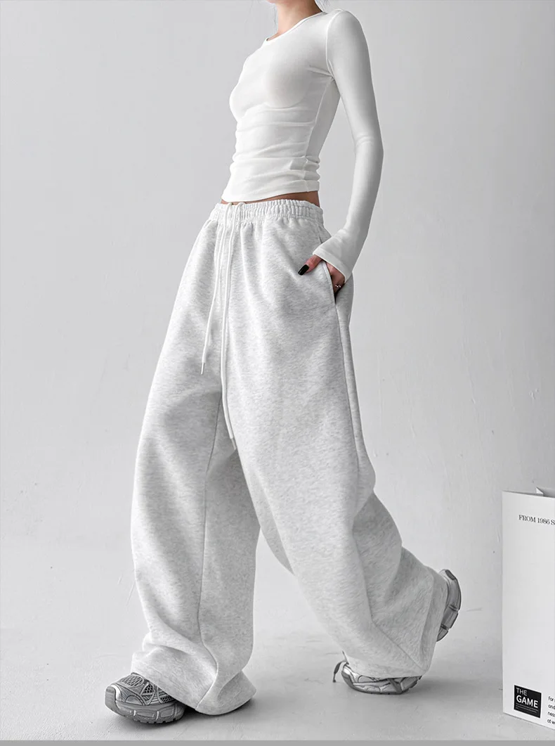 2026 New Women's Vintage Korean Baggy Sweatpants Autumn Loose Wide Leg Streetwear Casual Zipper Fly Female Trousers