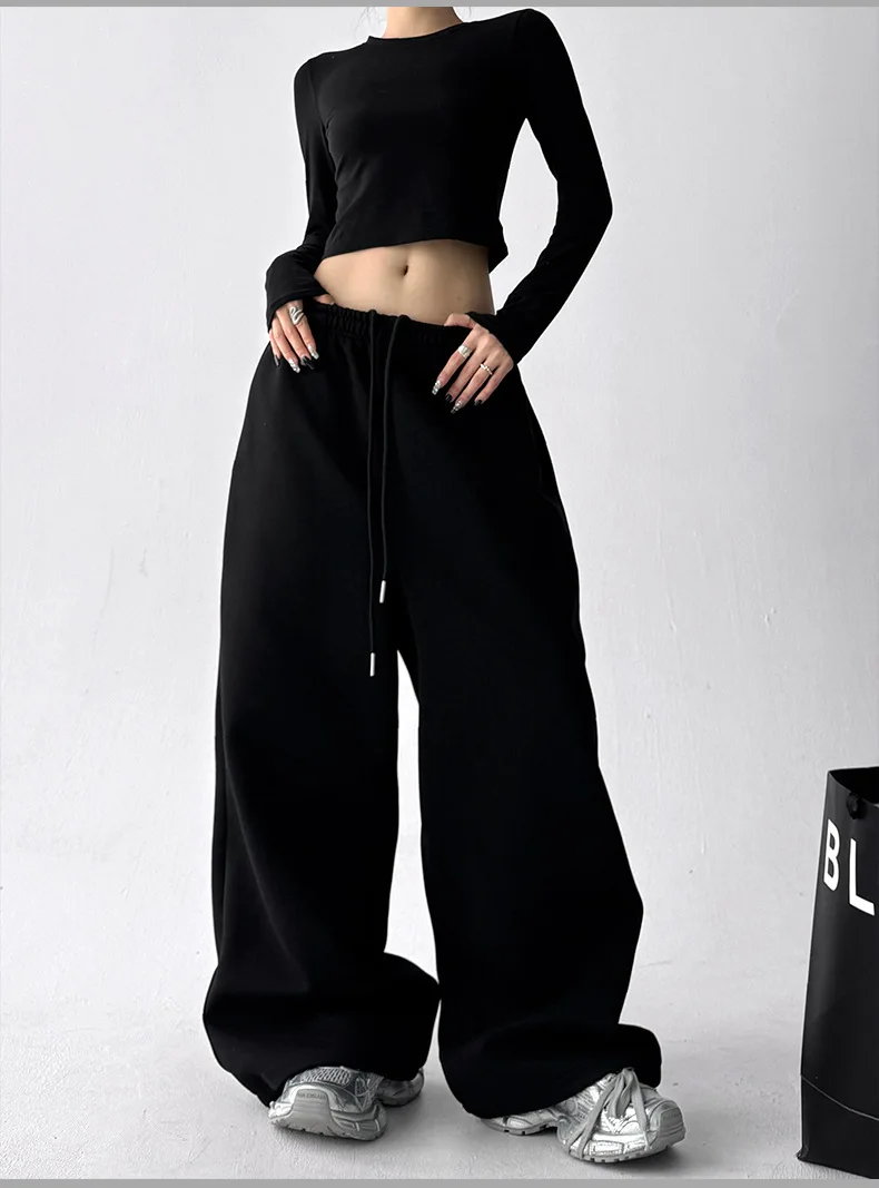 2026 New Women's Vintage Korean Baggy Sweatpants Autumn Loose Wide Leg Streetwear Casual Zipper Fly Female Trousers