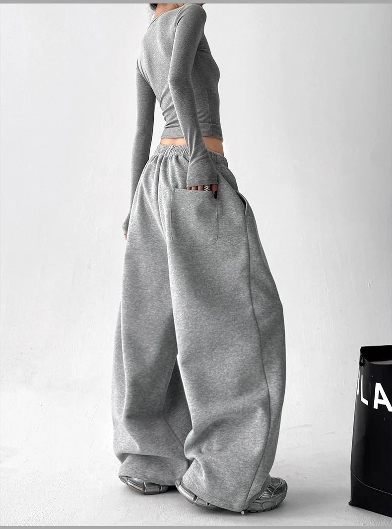 2026 New Women's Vintage Korean Baggy Sweatpants Autumn Loose Wide Leg Streetwear Casual Zipper Fly Female Trousers
