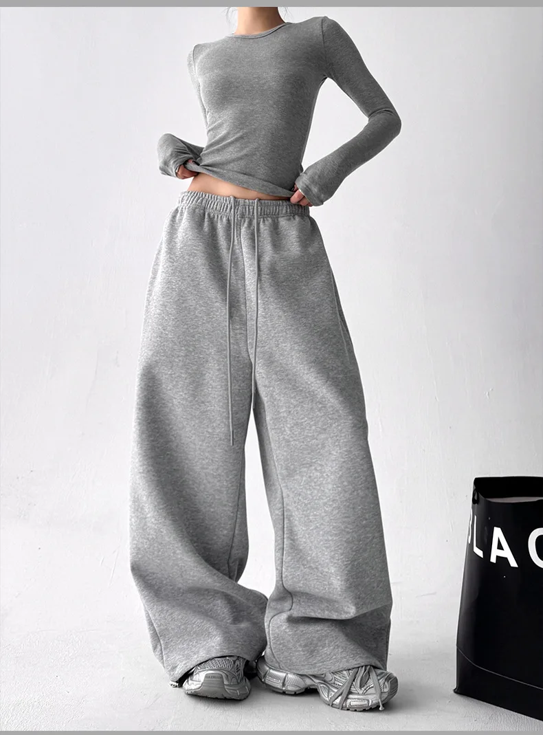 2026 New Women's Vintage Korean Baggy Sweatpants Autumn Loose Wide Leg Streetwear Casual Zipper Fly Female Trousers