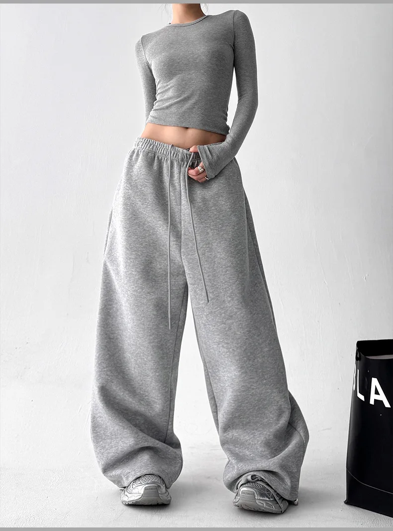 2026 New Women's Vintage Korean Baggy Sweatpants Autumn Loose Wide Leg Streetwear Casual Zipper Fly Female Trousers