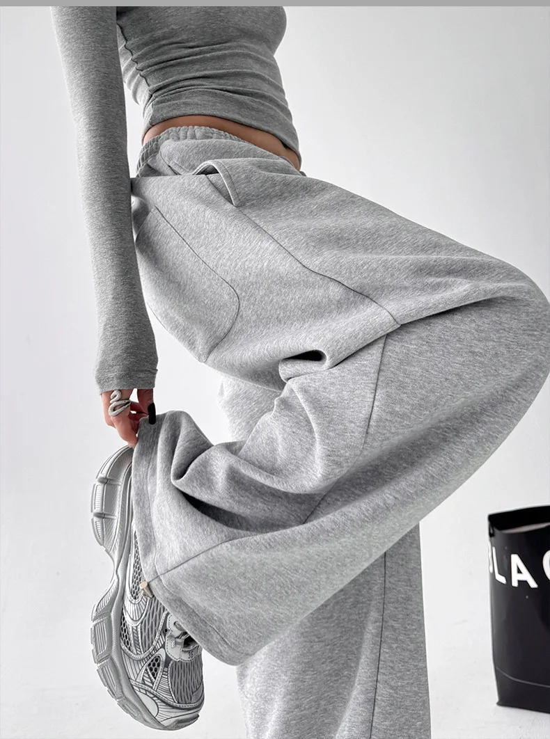2026 New Women's Vintage Korean Baggy Sweatpants Autumn Loose Wide Leg Streetwear Casual Zipper Fly Female Trousers