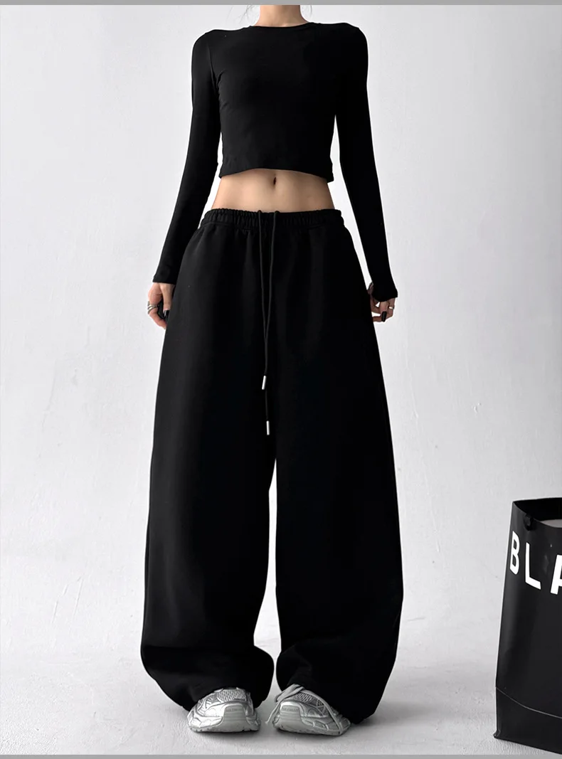 2026 New Women's Vintage Korean Baggy Sweatpants Autumn Loose Wide Leg Streetwear Casual Zipper Fly Female Trousers