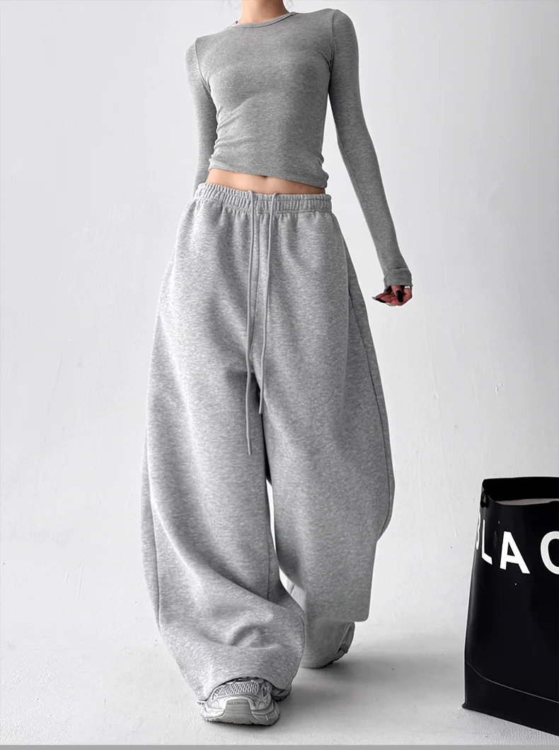 2026 New Women's Vintage Korean Baggy Sweatpants Autumn Loose Wide Leg Streetwear Casual Zipper Fly Female Trousers