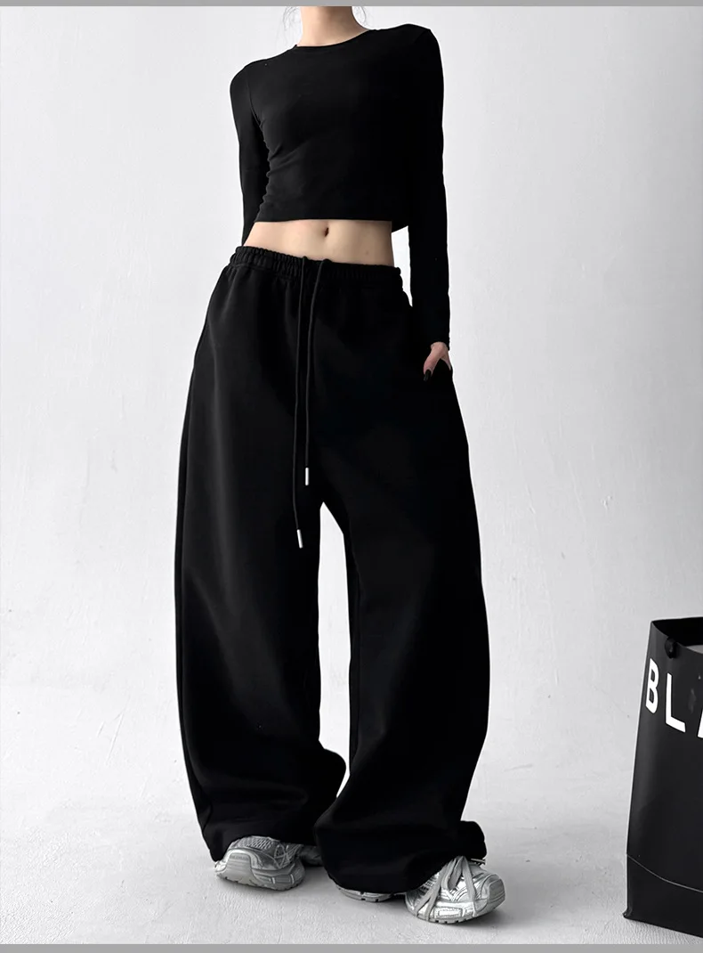 2026 New Women's Vintage Korean Baggy Sweatpants Autumn Loose Wide Leg Streetwear Casual Zipper Fly Female Trousers
