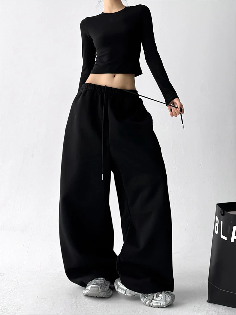 2026 New Women's Vintage Korean Baggy Sweatpants Autumn Loose Wide Leg Streetwear Casual Zipper Fly Female Trousers