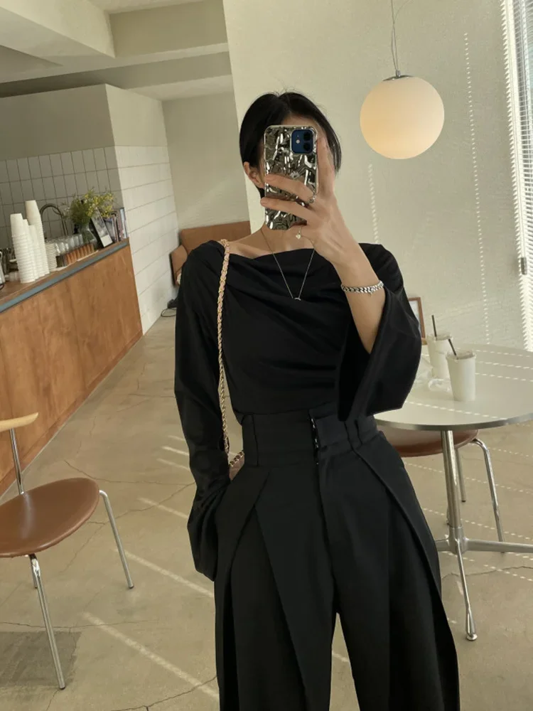 Pleated Spliced Ropa Mujer High Waist Straight Pantalones Women Wide Leg Pants Spring Womens Clothes Double Pockets Trousers