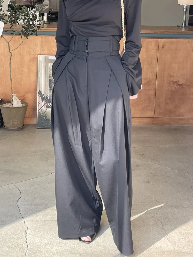 Pleated Spliced Ropa Mujer High Waist Straight Pantalones Women Wide Leg Pants Spring Womens Clothes Double Pockets Trousers
