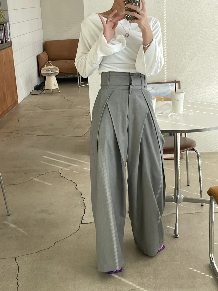 Pleated Spliced Ropa Mujer High Waist Straight Pantalones Women Wide Leg Pants Spring Womens Clothes Double Pockets Trousers