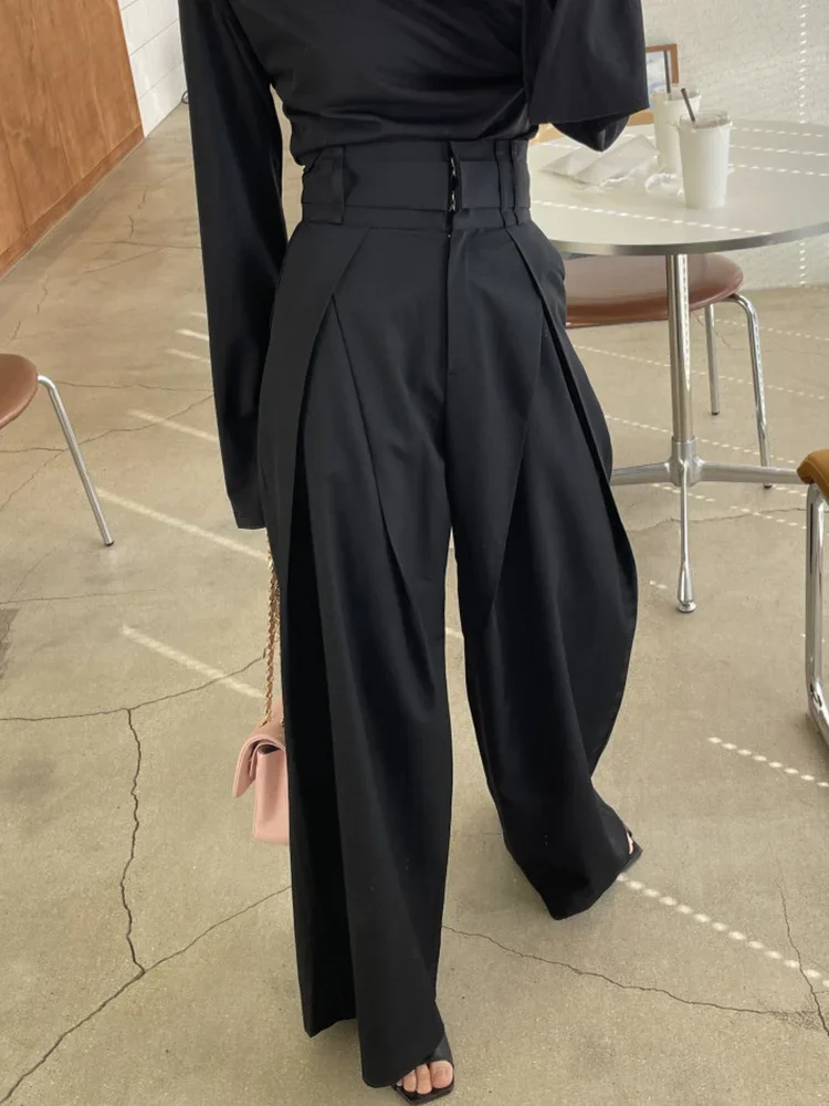 Pleated Spliced Ropa Mujer High Waist Straight Pantalones Women Wide Leg Pants Spring Womens Clothes Double Pockets Trousers