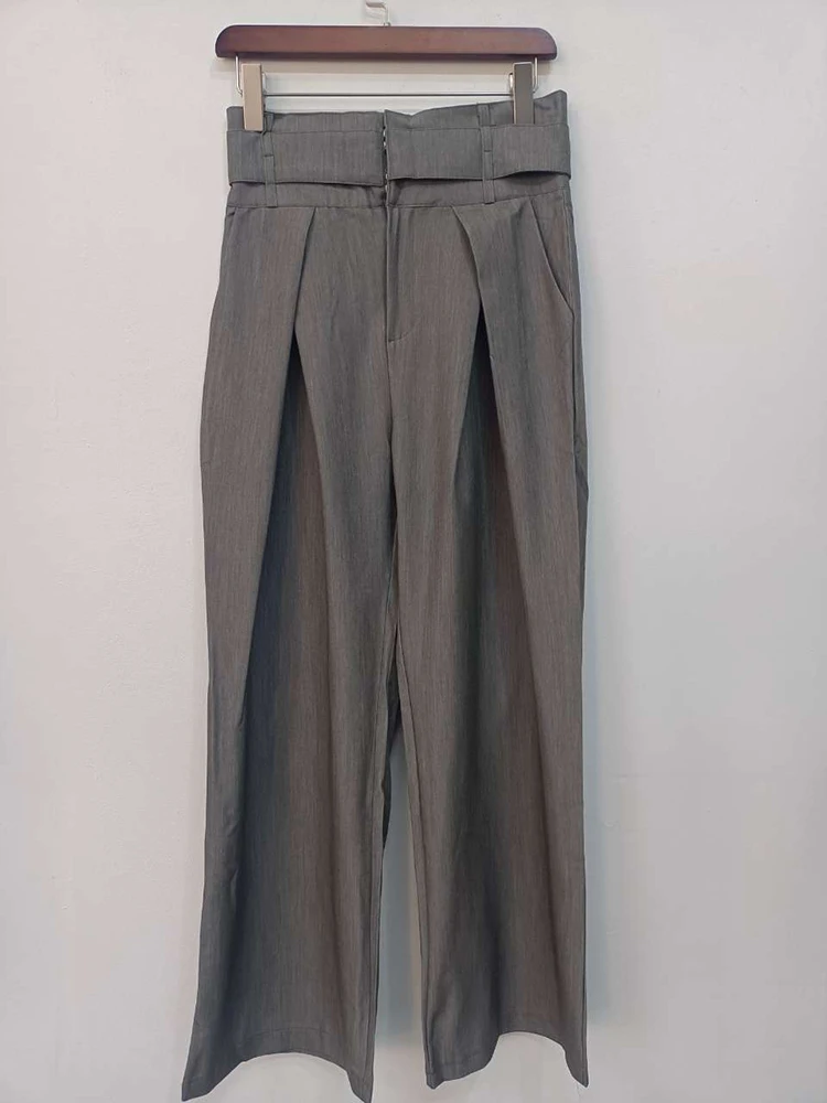 Pleated Spliced Ropa Mujer High Waist Straight Pantalones Women Wide Leg Pants Spring Womens Clothes Double Pockets Trousers