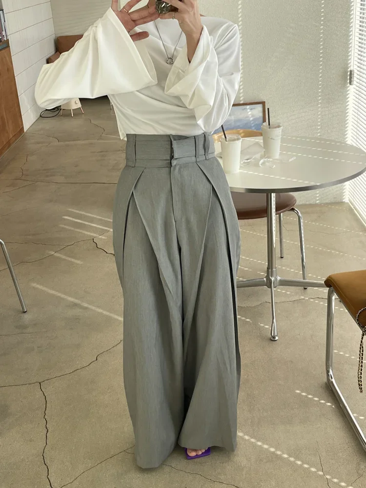 Pleated Spliced Ropa Mujer High Waist Straight Pantalones Women Wide Leg Pants Spring Womens Clothes Double Pockets Trousers