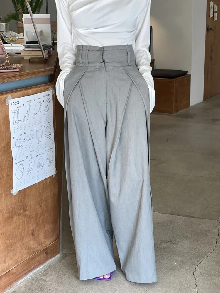 Pleated Spliced Ropa Mujer High Waist Straight Pantalones Women Wide Leg Pants Spring Womens Clothes Double Pockets Trousers