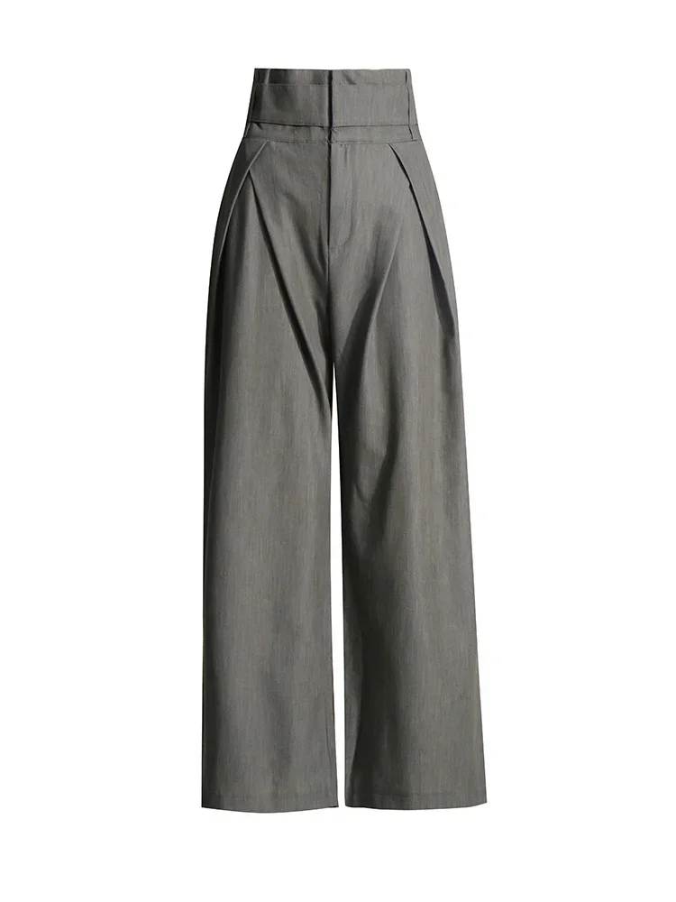 Pleated Spliced Ropa Mujer High Waist Straight Pantalones Women Wide Leg Pants Spring Womens Clothes Double Pockets Trousers