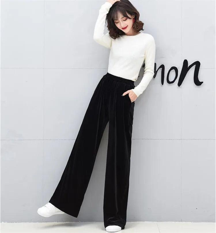 2026 Winter velvet trousers,Korean fashion Women Autunm high waist streewear casual velour pants,plus size black spodnie damskie