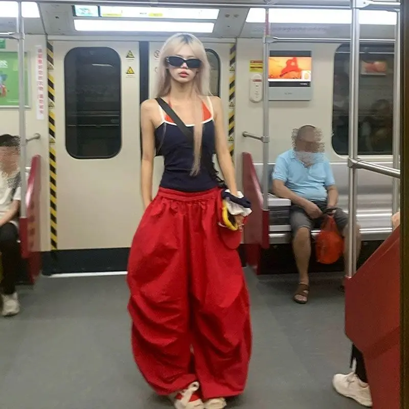 MEXZT Y2K Red Cargo Pants Women Harajuku Baggy Sweatpants Streetwear Wide Leg Joggers Summer Gyaru Korean Casual Trousers New