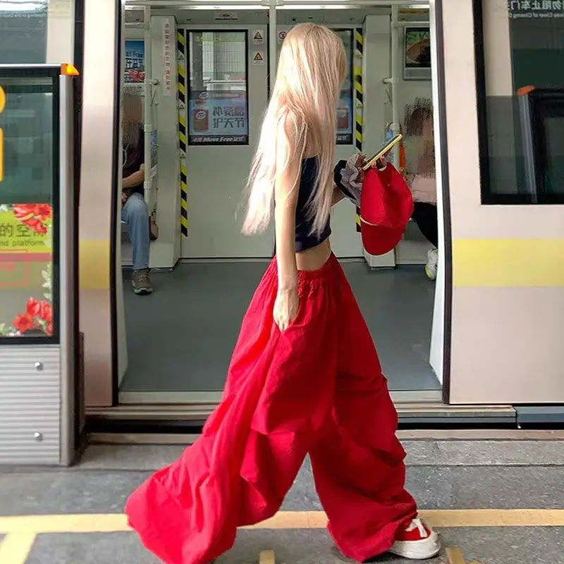 MEXZT Y2K Red Cargo Pants Women Harajuku Baggy Sweatpants Streetwear Wide Leg Joggers Summer Gyaru Korean Casual Trousers New