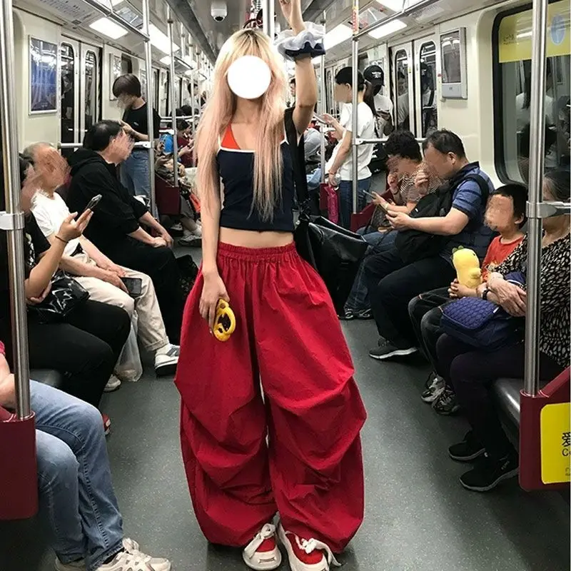 MEXZT Y2K Red Cargo Pants Women Harajuku Baggy Sweatpants Streetwear Wide Leg Joggers Summer Gyaru Korean Casual Trousers New