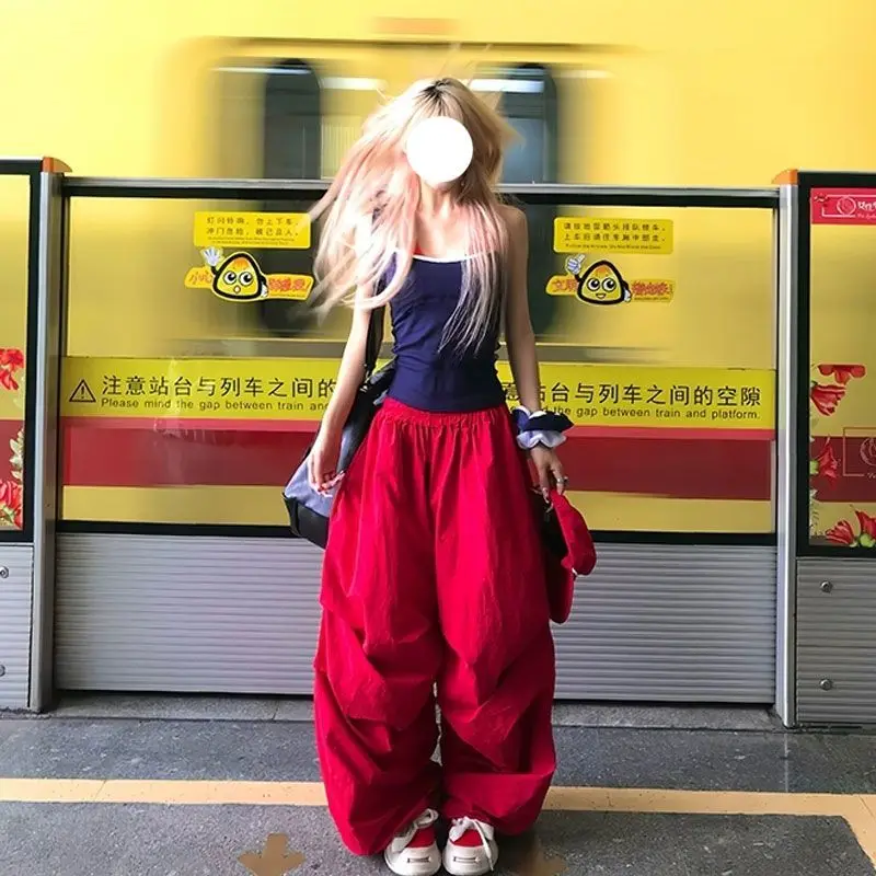 MEXZT Y2K Red Cargo Pants Women Harajuku Baggy Sweatpants Streetwear Wide Leg Joggers Summer Gyaru Korean Casual Trousers New