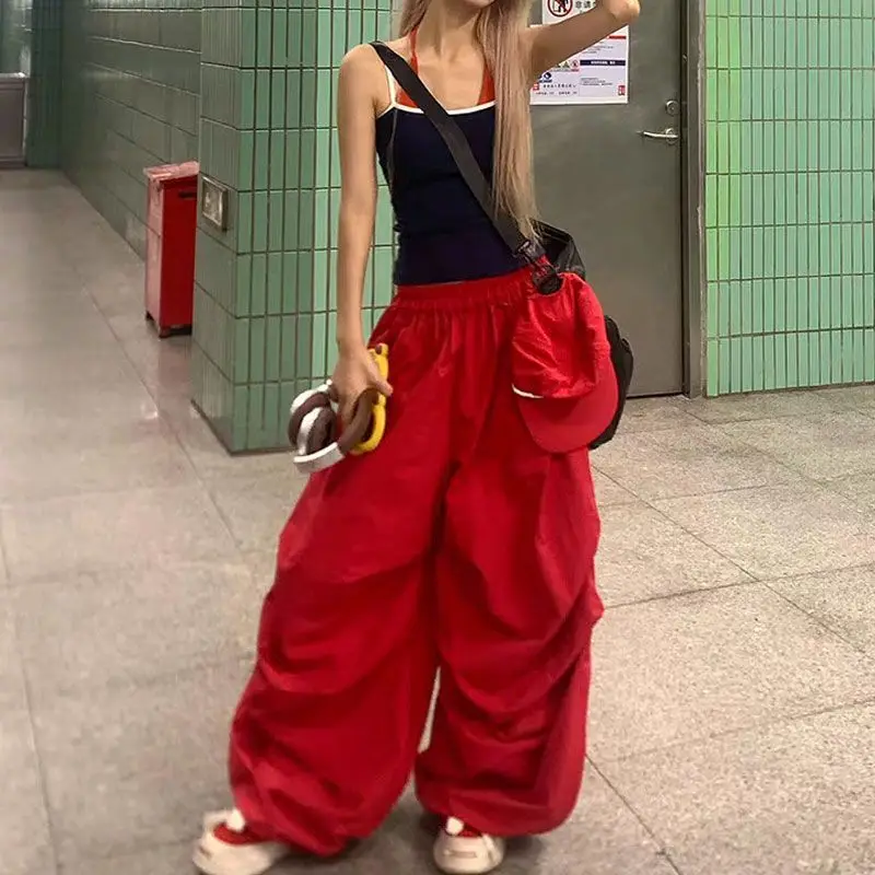 MEXZT Y2K Red Cargo Pants Women Harajuku Baggy Sweatpants Streetwear Wide Leg Joggers Summer Gyaru Korean Casual Trousers New