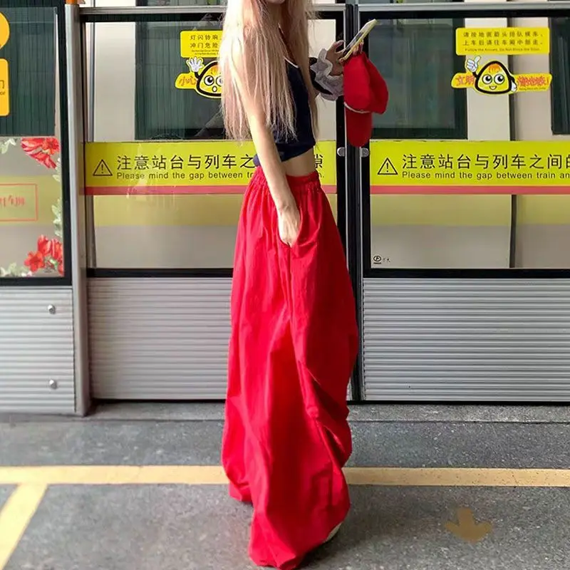 MEXZT Y2K Red Cargo Pants Women Harajuku Baggy Sweatpants Streetwear Wide Leg Joggers Summer Gyaru Korean Casual Trousers New