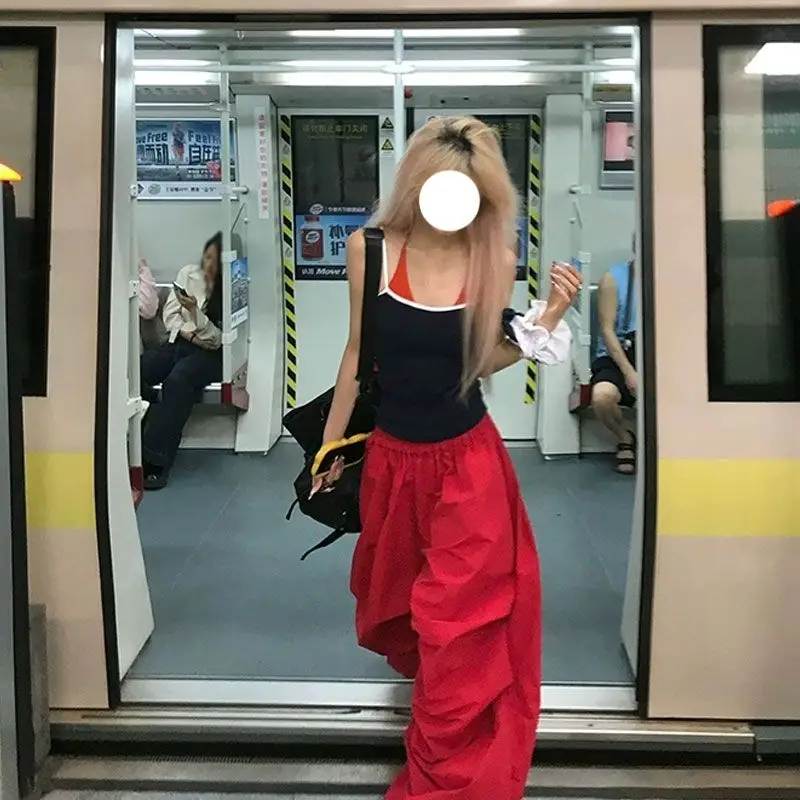 MEXZT Y2K Red Cargo Pants Women Harajuku Baggy Sweatpants Streetwear Wide Leg Joggers Summer Gyaru Korean Casual Trousers New