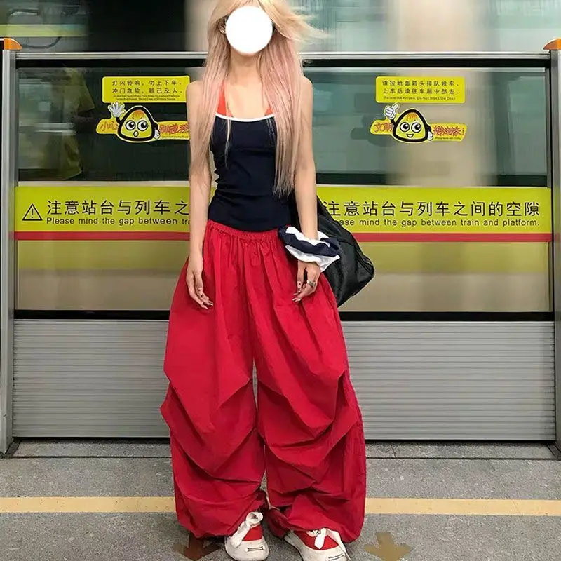 MEXZT Y2K Red Cargo Pants Women Harajuku Baggy Sweatpants Streetwear Wide Leg Joggers Summer Gyaru Korean Casual Trousers New