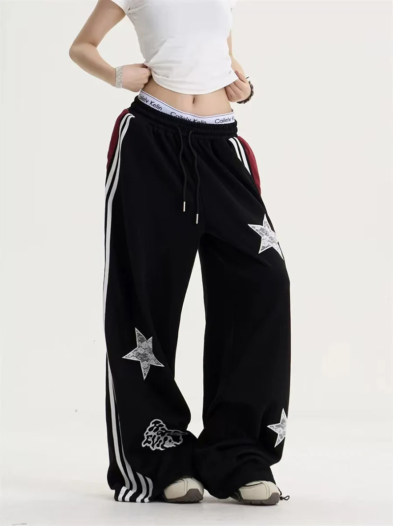 American Star Embroidered Sweatpants Women High Waist Streetwear Loose Mujer Jogging Pants Y2K Hip Hop Punk Straight Trousers