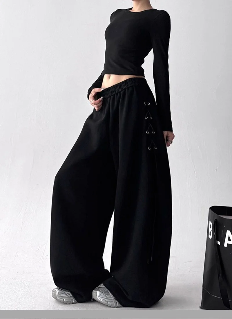 Retro American Gray Wide Leg Pants Women Lace Up Design Loose Hip Hop Trousers Vintage High Waist Spring Streetwear Female Pant
