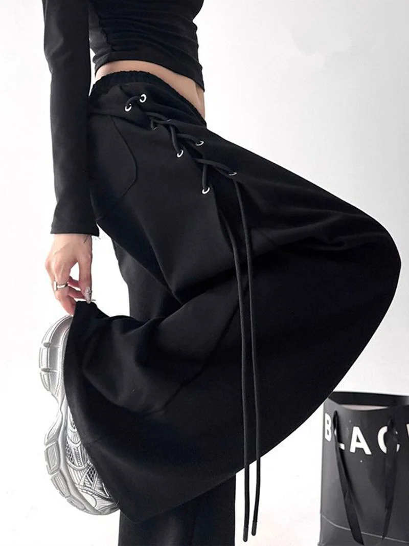 Retro American Gray Wide Leg Pants Women Lace Up Design Loose Hip Hop Trousers Vintage High Waist Spring Streetwear Female Pant