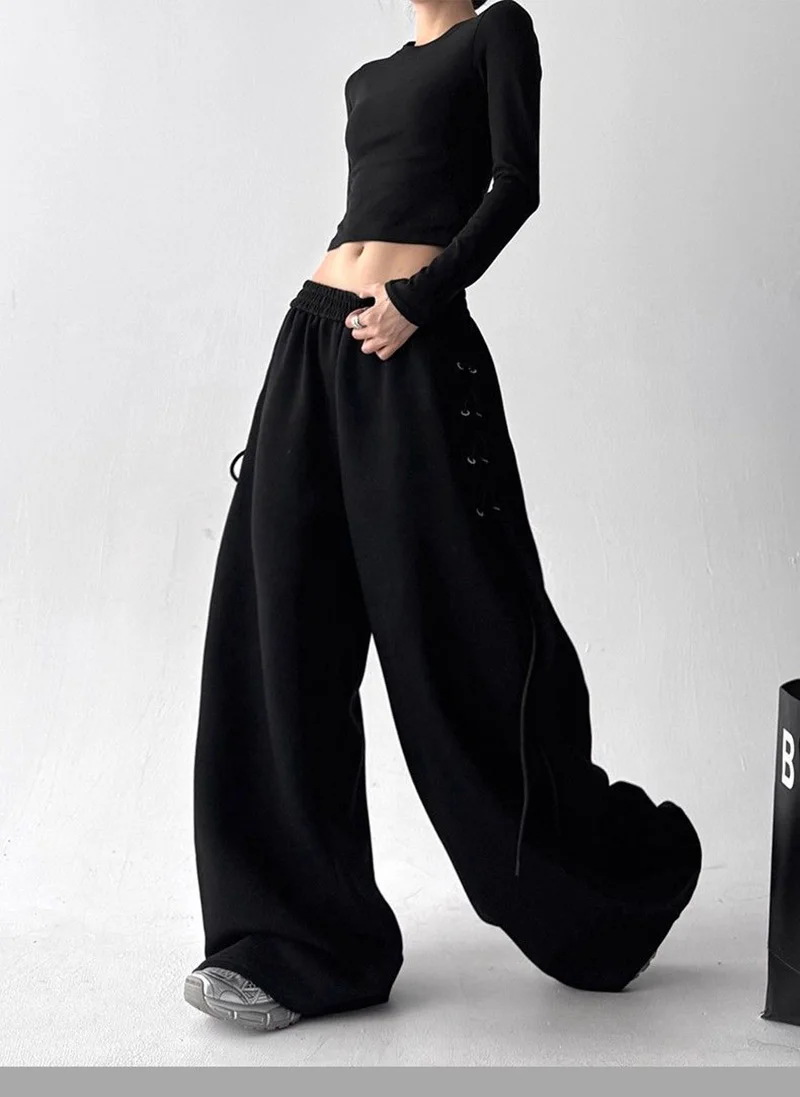 Retro American Gray Wide Leg Pants Women Lace Up Design Loose Hip Hop Trousers Vintage High Waist Spring Streetwear Female Pant
