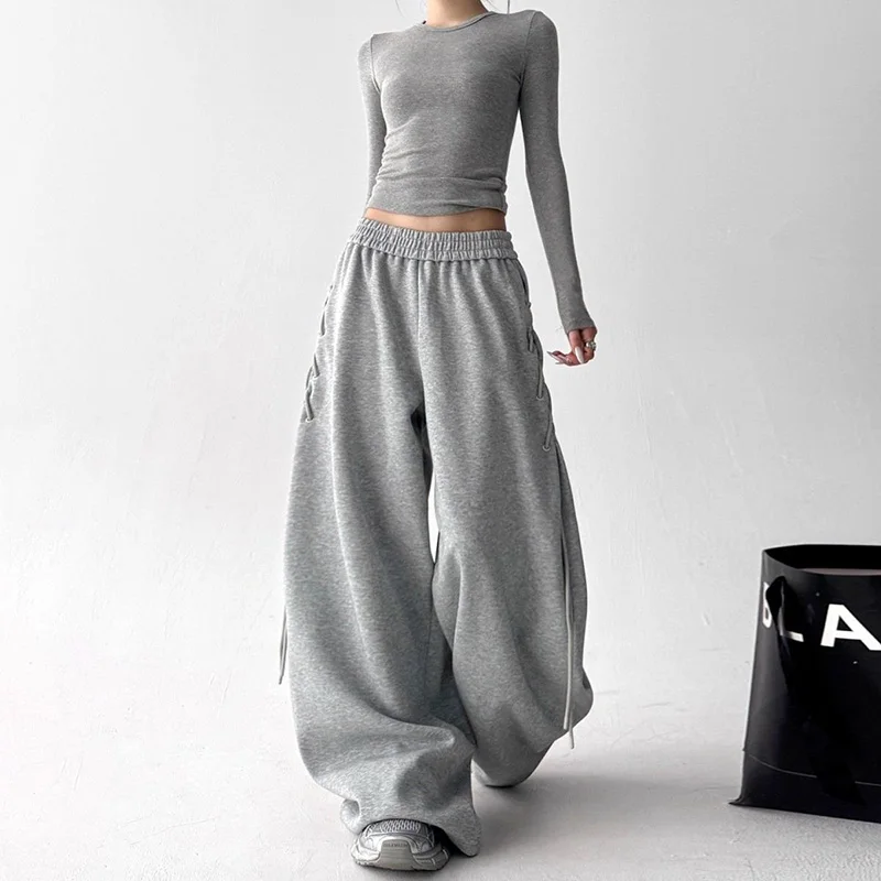Retro American Gray Wide Leg Pants Women Lace Up Design Loose Hip Hop Trousers Vintage High Waist Spring Streetwear Female Pant