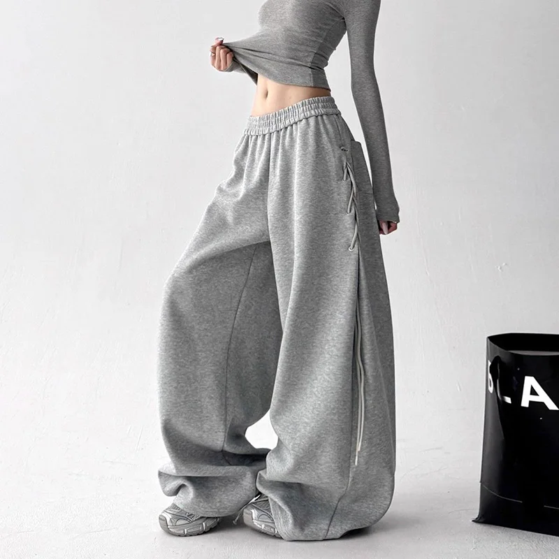 Retro American Gray Wide Leg Pants Women Lace Up Design Loose Hip Hop Trousers Vintage High Waist Spring Streetwear Female Pant
