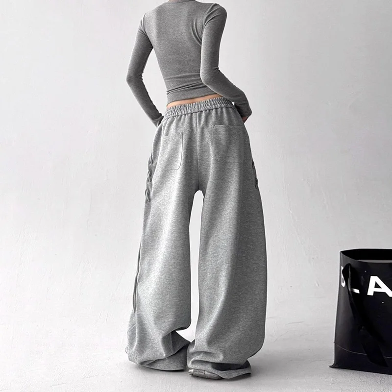 Retro American Gray Wide Leg Pants Women Lace Up Design Loose Hip Hop Trousers Vintage High Waist Spring Streetwear Female Pant