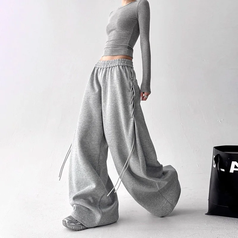 Retro American Gray Wide Leg Pants Women Lace Up Design Loose Hip Hop Trousers Vintage High Waist Spring Streetwear Female Pant