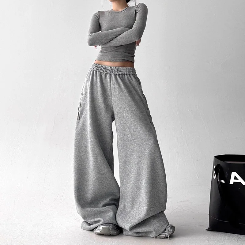 Retro American Gray Wide Leg Pants Women Lace Up Design Loose Hip Hop Trousers Vintage High Waist Spring Streetwear Female Pant