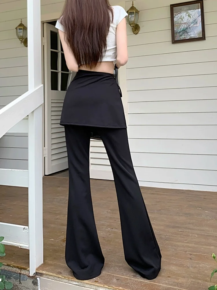 Black High Waist Slim Fit Pants Women's Summer Thin Belted Fake Two-Piece Design Commute Hoof Micro Flared Straight Leg Trousers