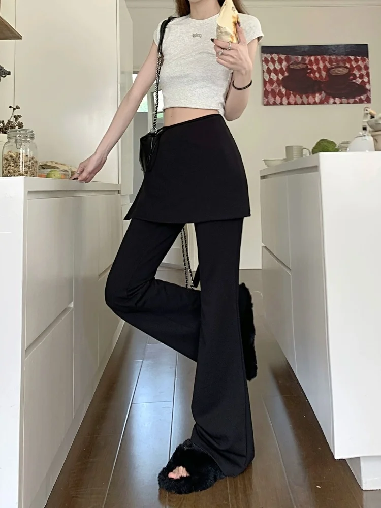 Black High Waist Slim Fit Pants Women's Summer Thin Belted Fake Two-Piece Design Commute Hoof Micro Flared Straight Leg Trousers