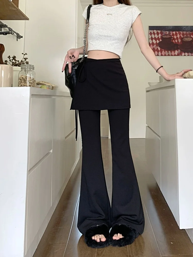 Black High Waist Slim Fit Pants Women's Summer Thin Belted Fake Two-Piece Design Commute Hoof Micro Flared Straight Leg Trousers