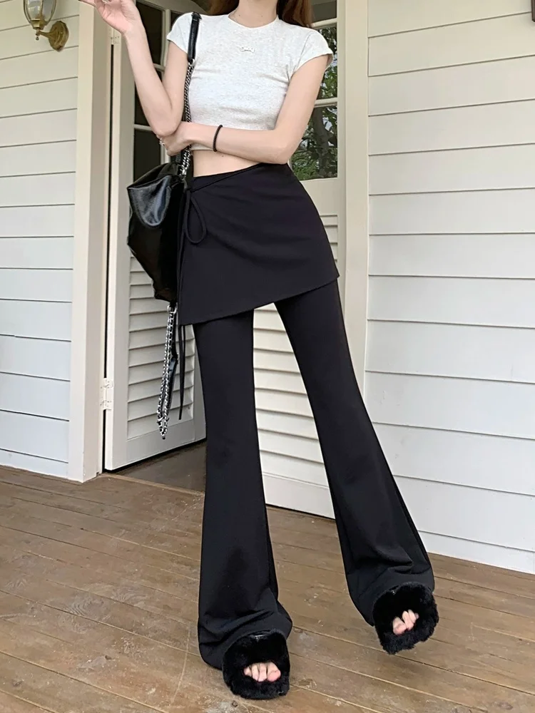 Black High Waist Slim Fit Pants Women's Summer Thin Belted Fake Two-Piece Design Commute Hoof Micro Flared Straight Leg Trousers