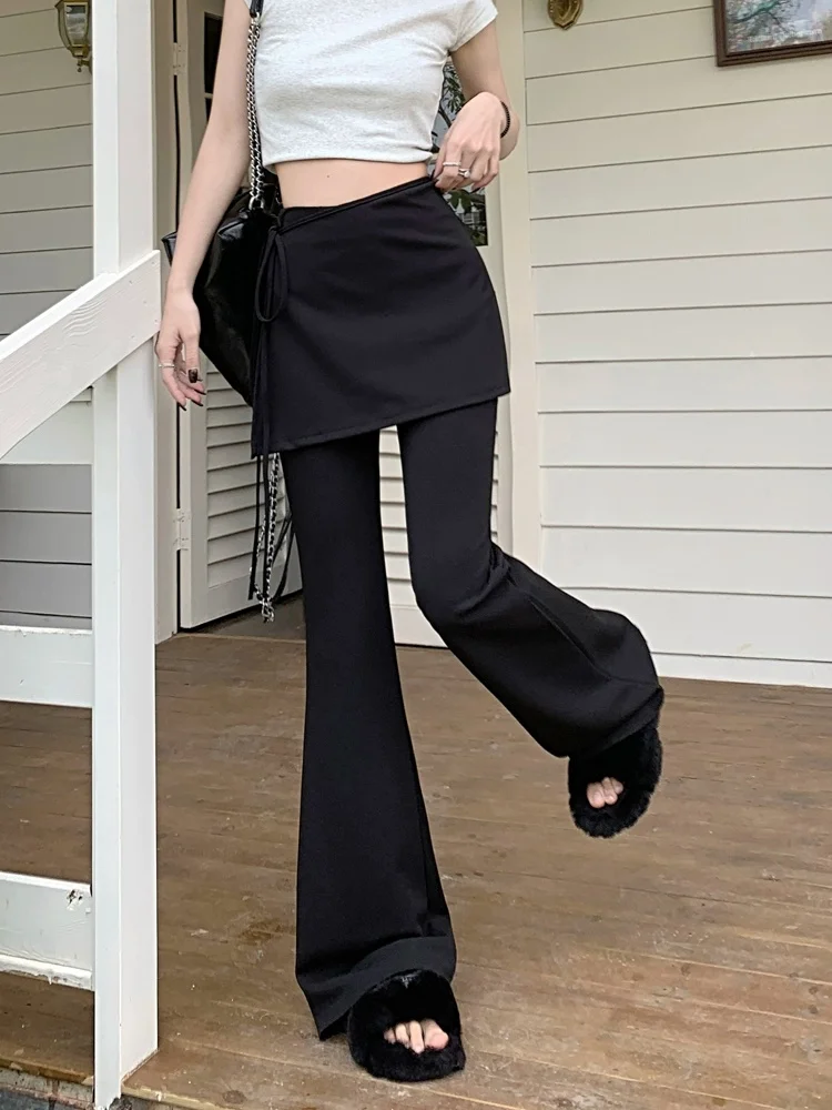 Black High Waist Slim Fit Pants Women's Summer Thin Belted Fake Two-Piece Design Commute Hoof Micro Flared Straight Leg Trousers