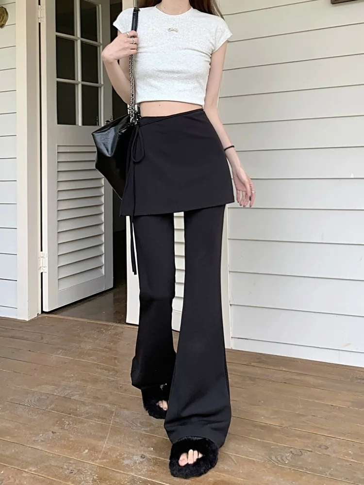 Black High Waist Slim Fit Pants Women's Summer Thin Belted Fake Two-Piece Design Commute Hoof Micro Flared Straight Leg Trousers
