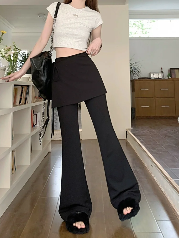 Black High Waist Slim Fit Pants Women's Summer Thin Belted Fake Two-Piece Design Commute Hoof Micro Flared Straight Leg Trousers