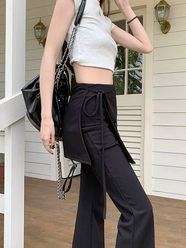 Black High Waist Slim Fit Pants Women's Summer Thin Belted Fake Two-Piece Design Commute Hoof Micro Flared Straight Leg Trousers