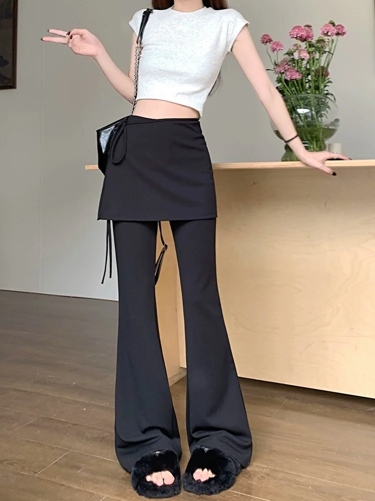 Black High Waist Slim Fit Pants Women's Summer Thin Belted Fake Two-Piece Design Commute Hoof Micro Flared Straight Leg Trousers