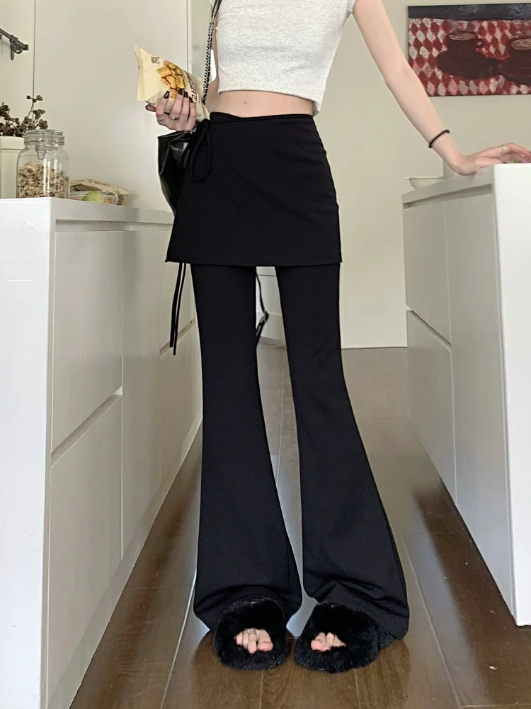 Black High Waist Slim Fit Pants Women's Summer Thin Belted Fake Two-Piece Design Commute Hoof Micro Flared Straight Leg Trousers