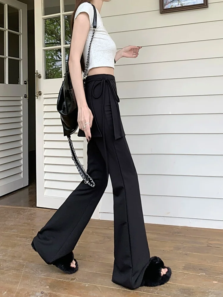 Black High Waist Slim Fit Pants Women's Summer Thin Belted Fake Two-Piece Design Commute Hoof Micro Flared Straight Leg Trousers