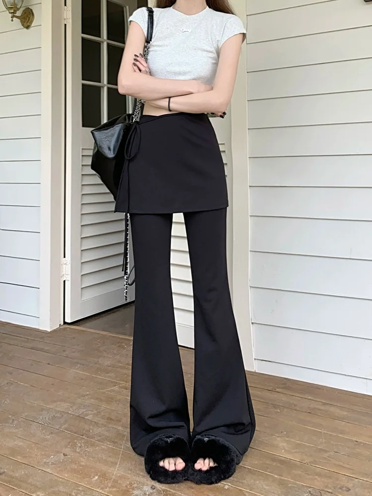 Black High Waist Slim Fit Pants Women's Summer Thin Belted Fake Two-Piece Design Commute Hoof Micro Flared Straight Leg Trousers