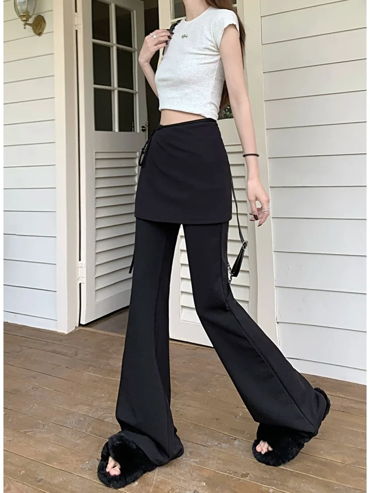 Black High Waist Slim Fit Pants Women's Summer Thin Belted Fake Two-Piece Design Commute Hoof Micro Flared Straight Leg Trousers
